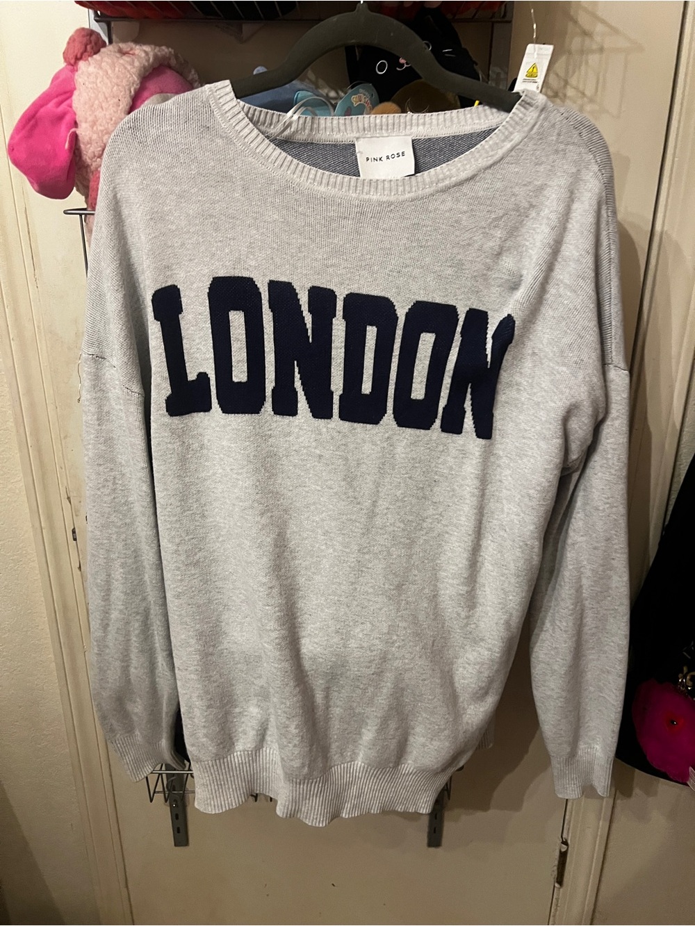 Pink Rose Light Gray Sweater with Navy Accent